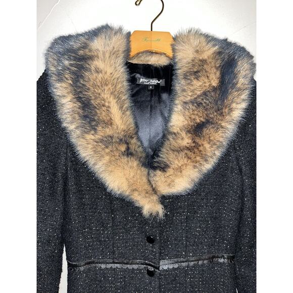 Betsey Johnson New York Black & Gild Shimmer Duster Coat, faux fur lapel size‎ S - Picture 12 of 13